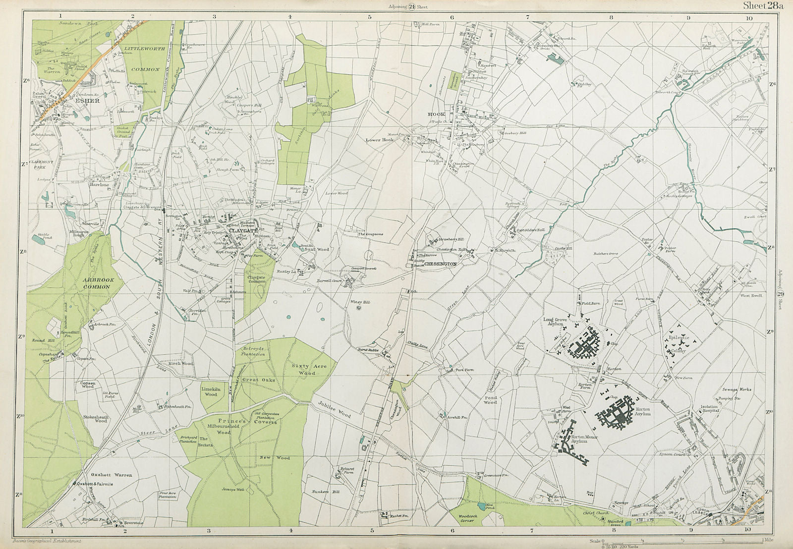 ESHER/EWELL Epsom Claygate Oxshott Hook Chessington Hinchley Wood.BACON 1920 map